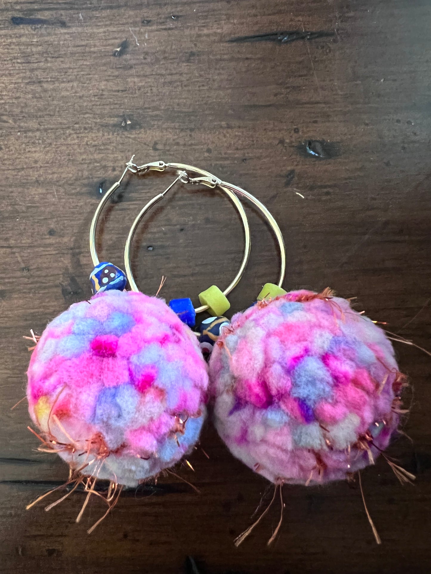 Pom Pom Earrings on Large Gold Hoops