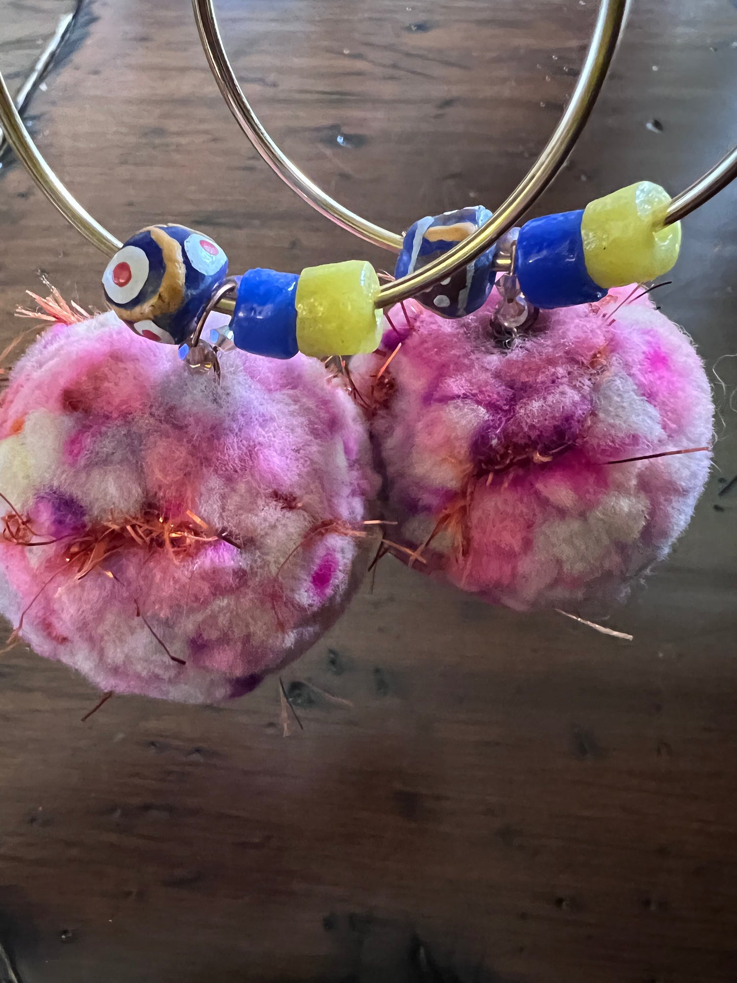 Pom Pom Earrings on Large Gold Hoops
