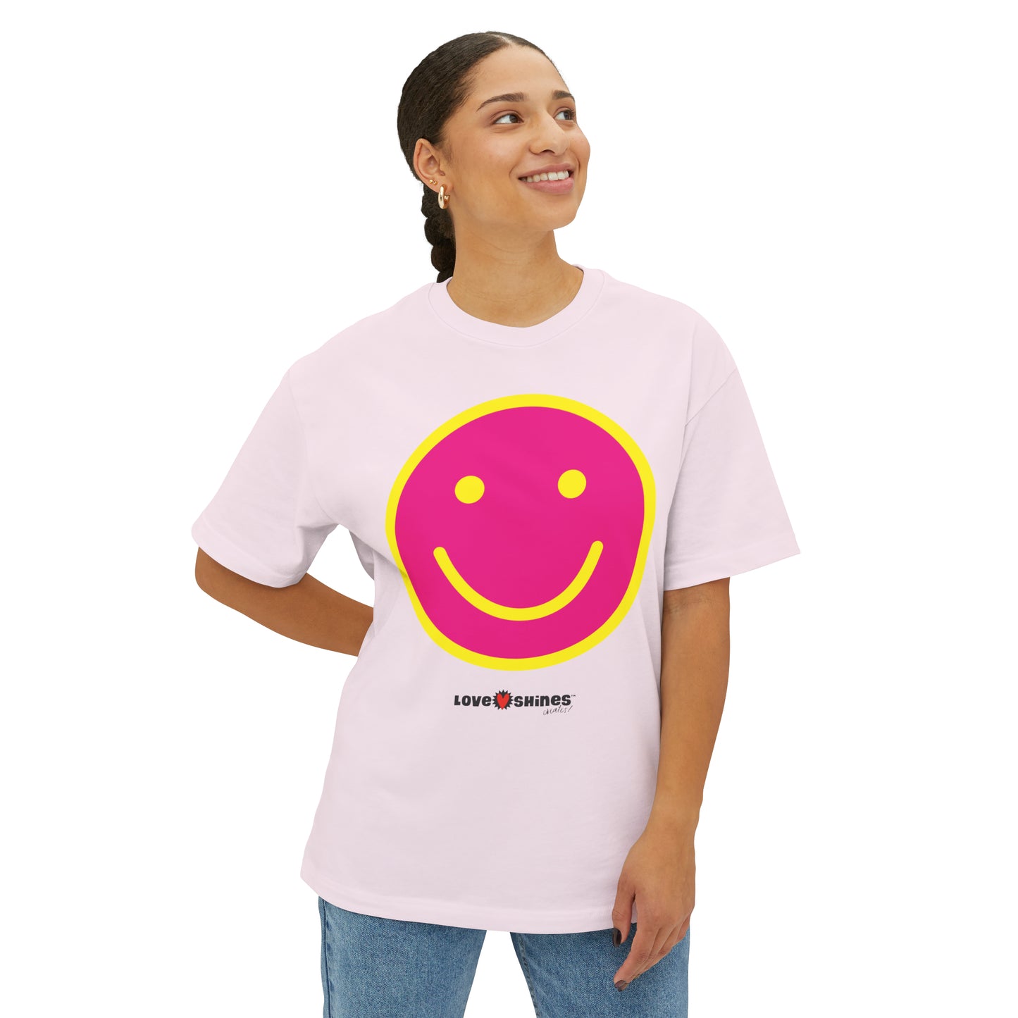 Smiley Face Unisex Oversized Boxy Tee - Pink