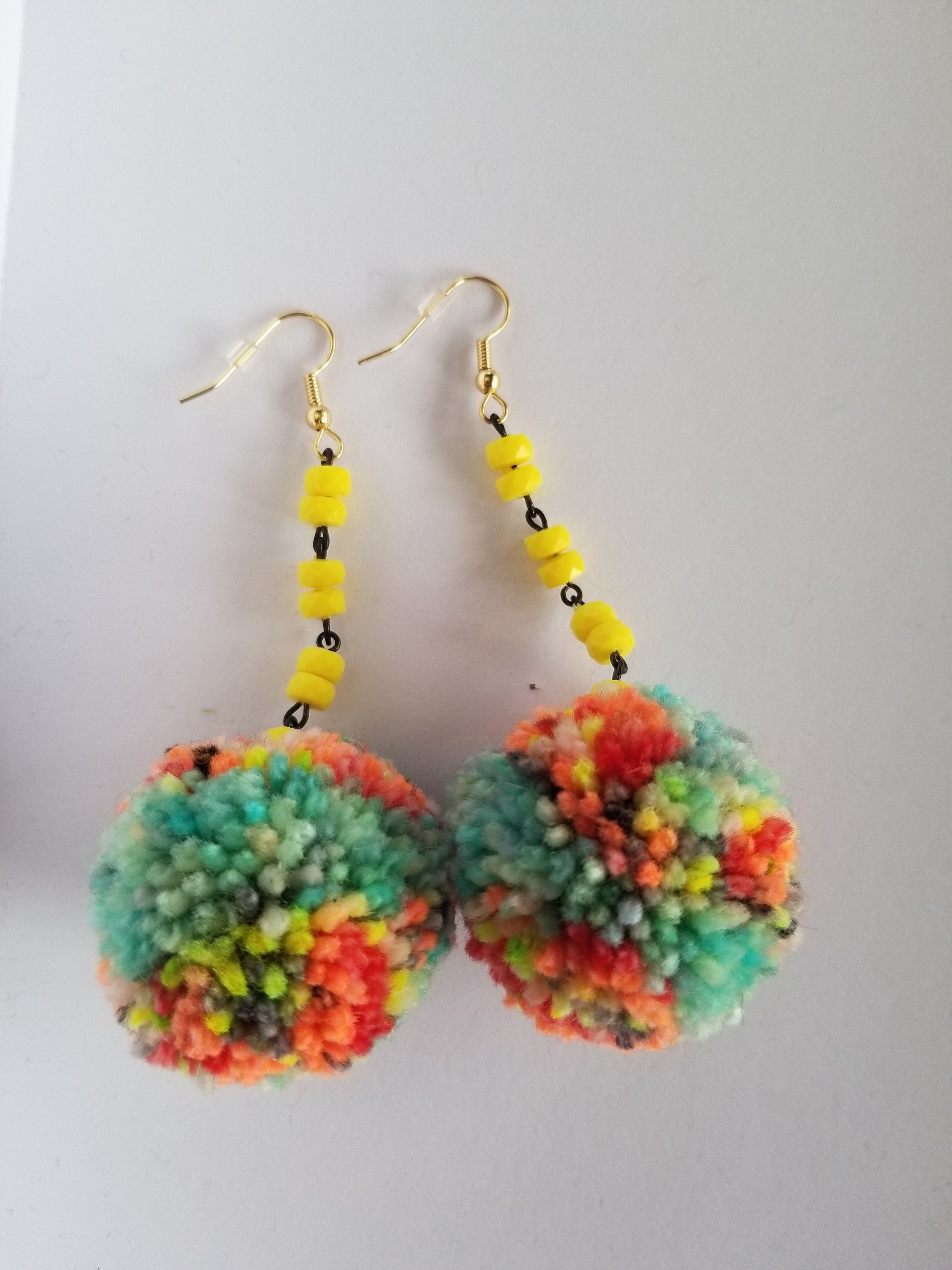 Yellow & Dark Blue Pom Pom Earrings