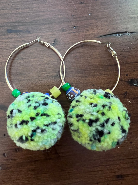 Pom Pom Earrings on Large Gold Hoops